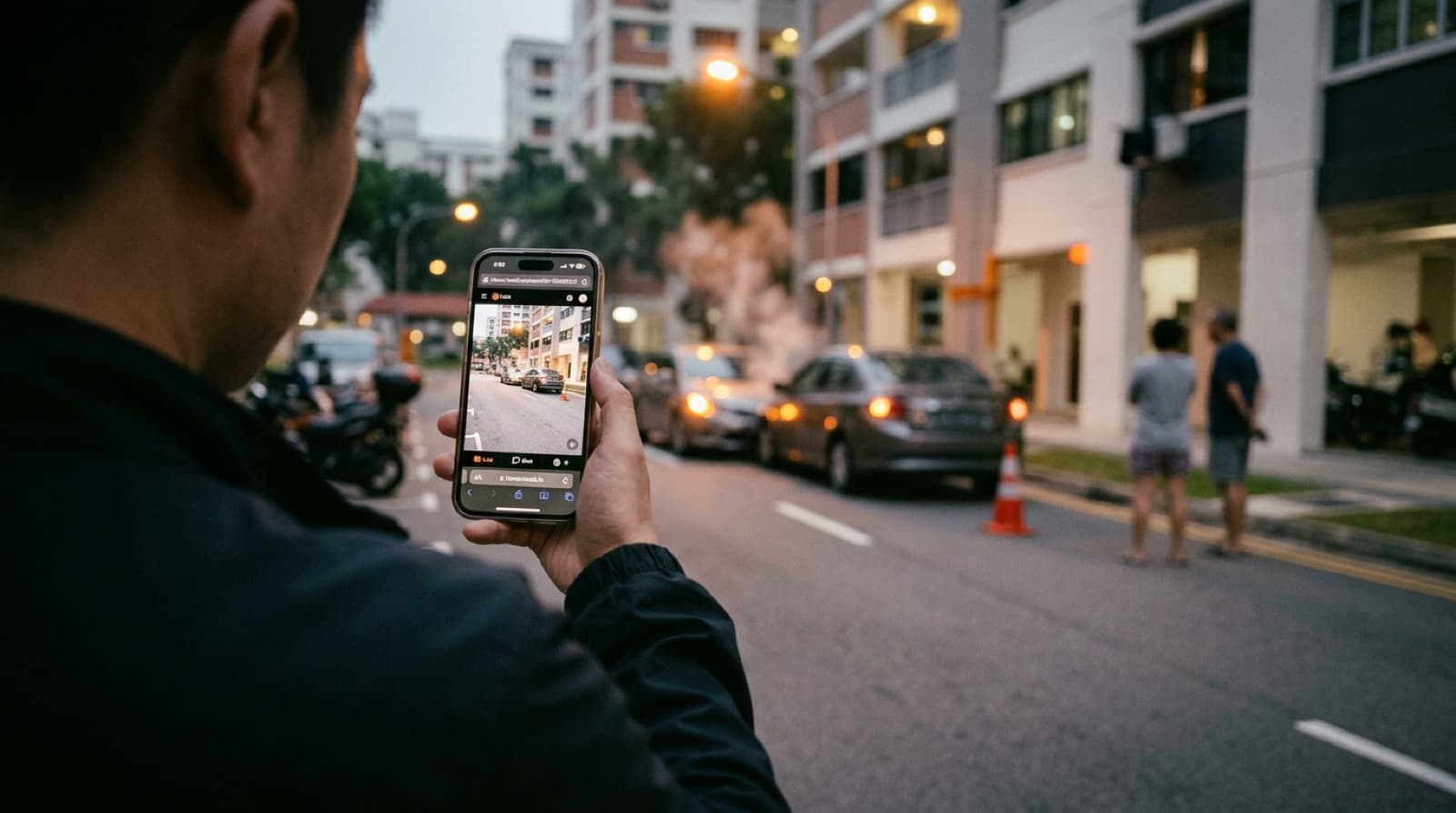 Bystander streaming a road accident to an operator from a phone