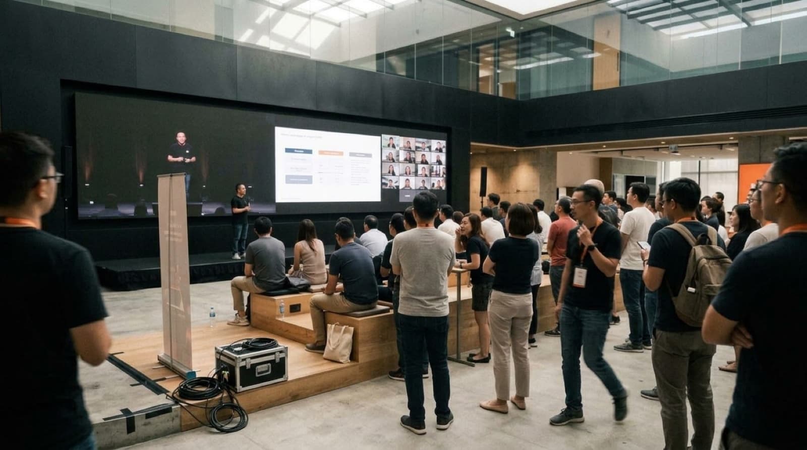 Town hall in a corporate atrium on a full-wall Radium LED display