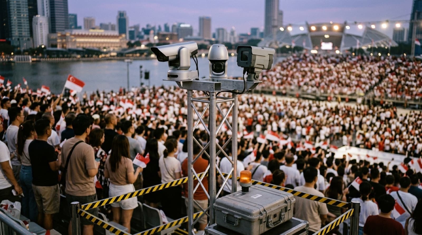 Temporary camera mast over a parade crowd at Marina Bay